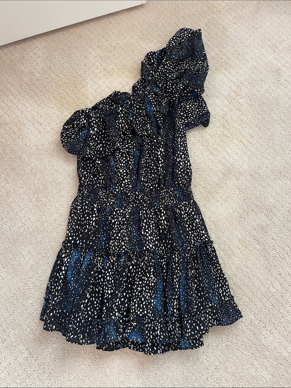 Buddy Love One-Shoulder Navy Dress with White Dot Print